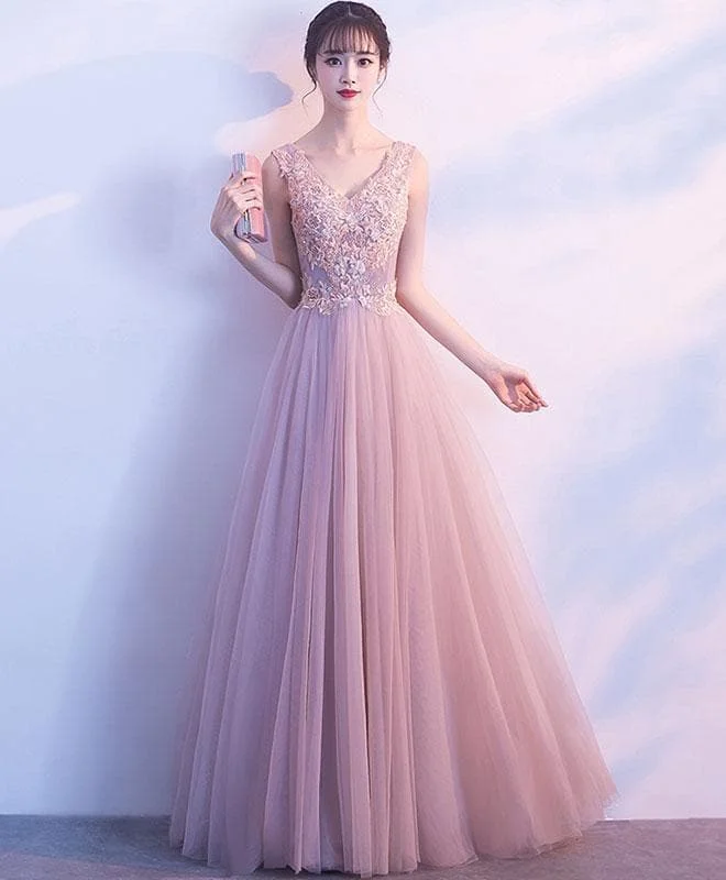 Cute V Neck Light Pink Tulle Lace Long Prom Dress, Tulle Long Evening Dress