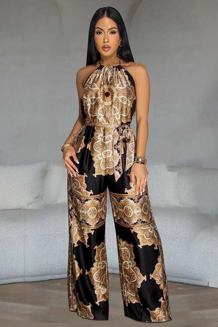 Boho Print Halter Open Back Wide Leg Vacation Jumpsuit-Black