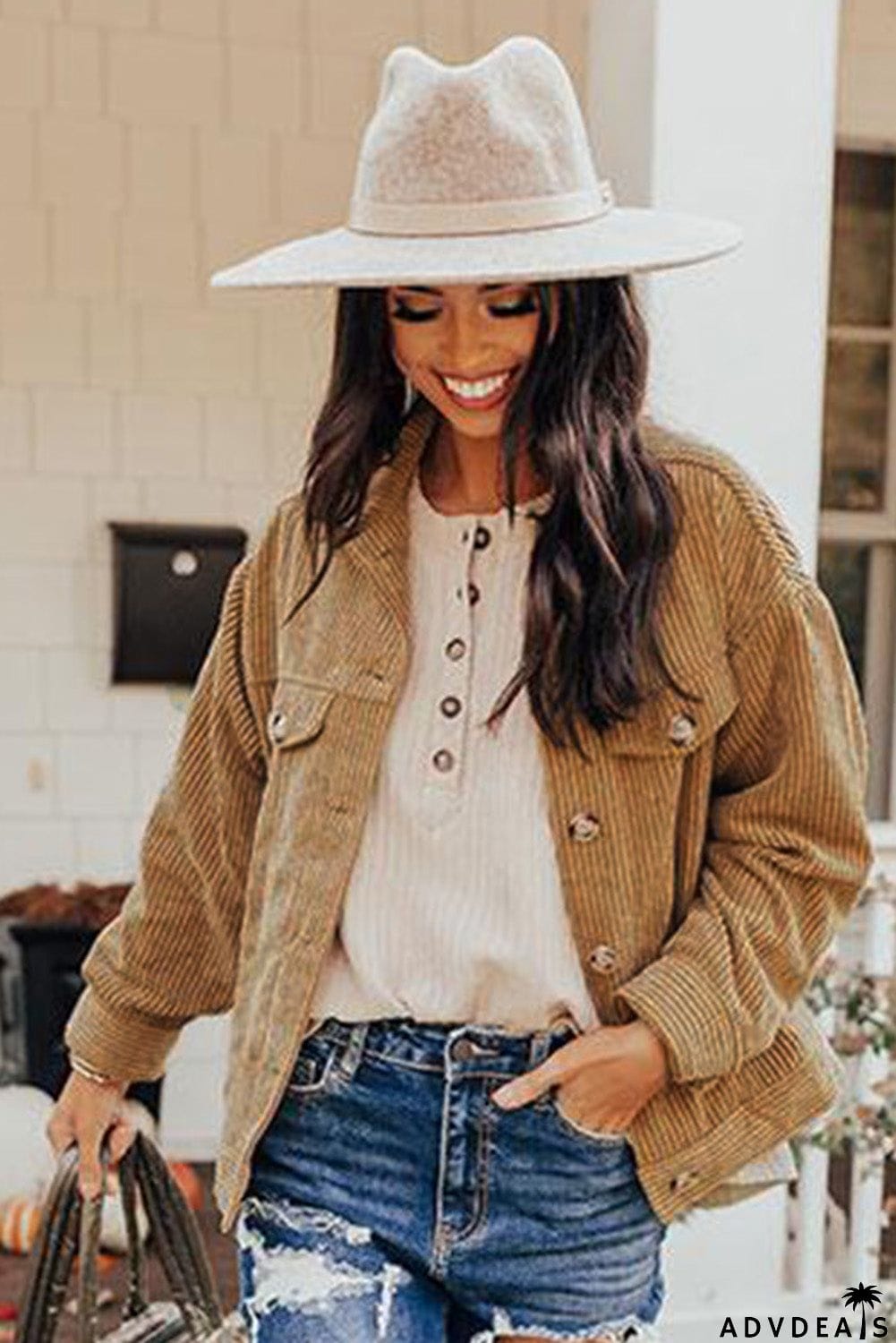 Ribbed Corduroy Long Sleeve Jacket with Pocket