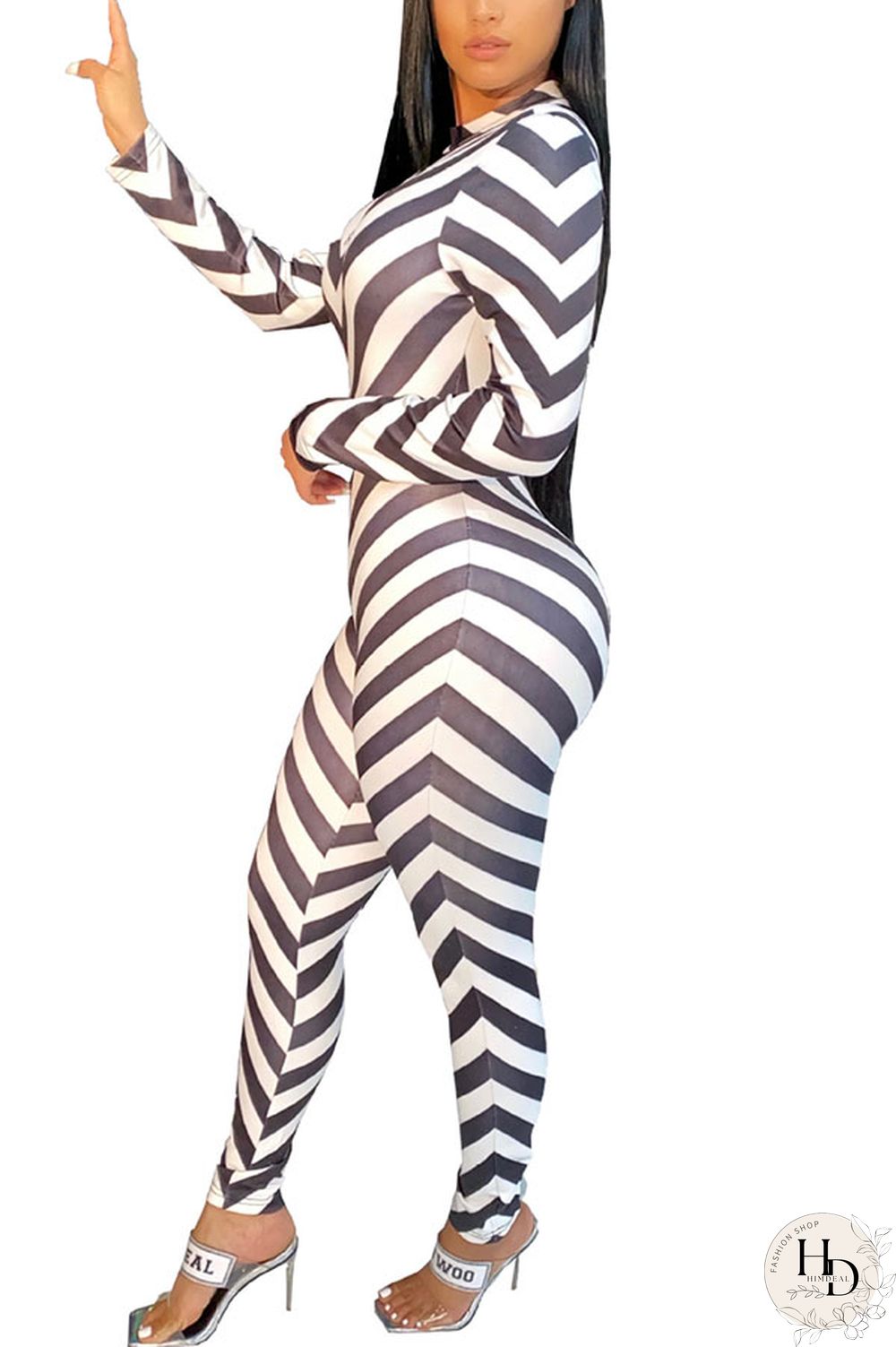 Green Fashion street Striped Milk. Long Sleeve O Neck Jumpsuits