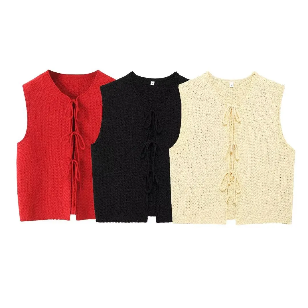 Nigikala Nigikala Autumn Women's Bow Tie With Loose V-Neck Sleeveless Knitted Vest A35188
