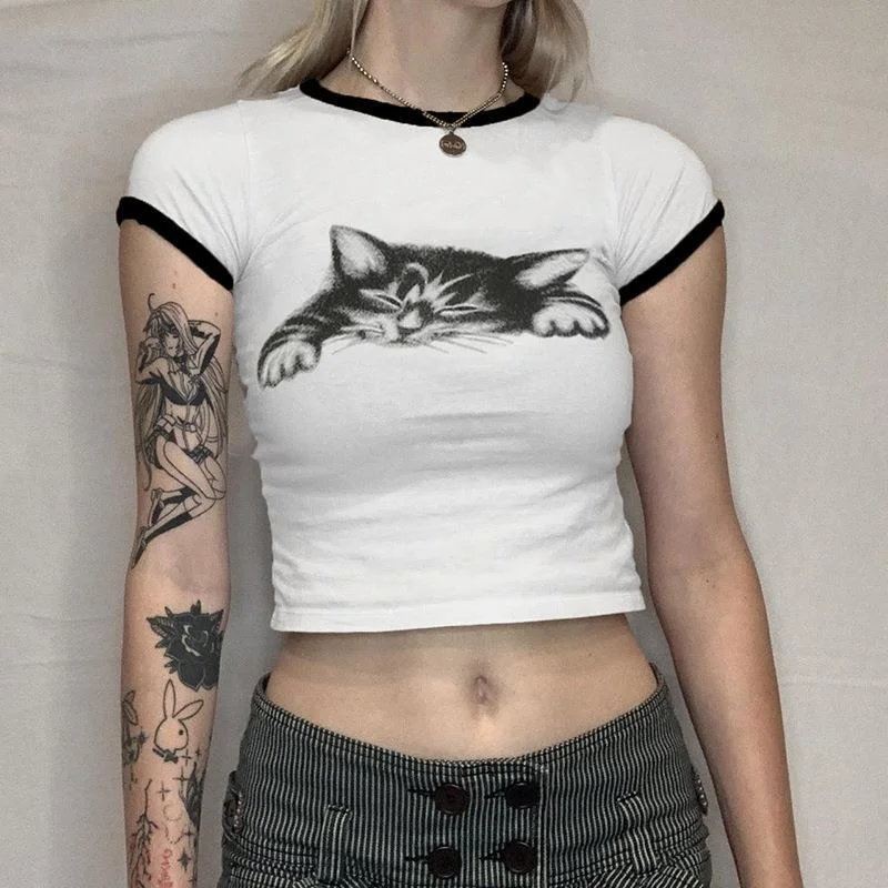 Uveng Uveng Summer New Spice Girl Street Fashion Strip Bump Color Cat Print Round Neck Crop T-Shirt