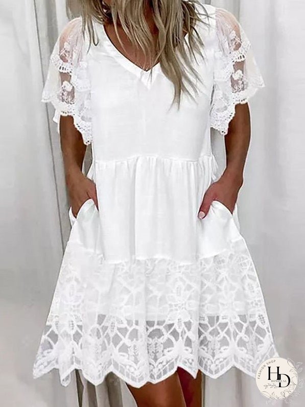 Dresses Lace Pocket V-Neck Short Sleeve Dress for Women