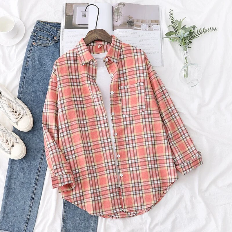 2021 New Long Sleeve Loose Casual Womens Plaid Shirt Fine Fresh College Style Design Blouses And Tops Female Checked Clothes