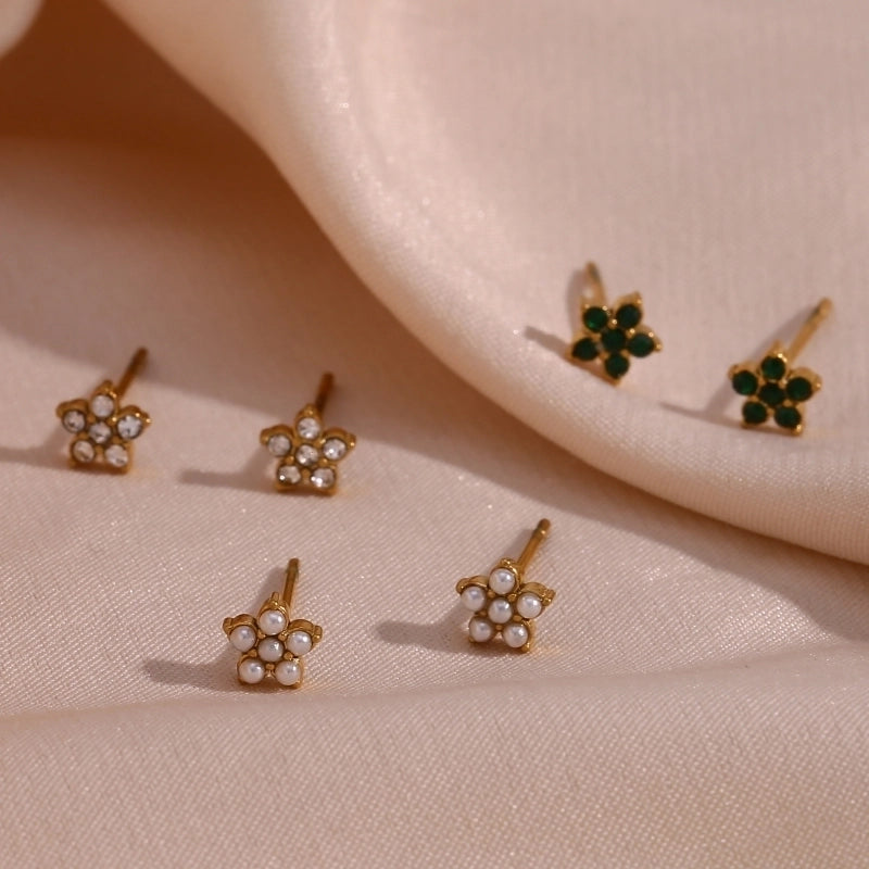 1 Pair Elegant Minimalist Flower Plating Inlay 304 Stainless Steel Rhinestones Pearl 18K Gold Plated Ear Studs