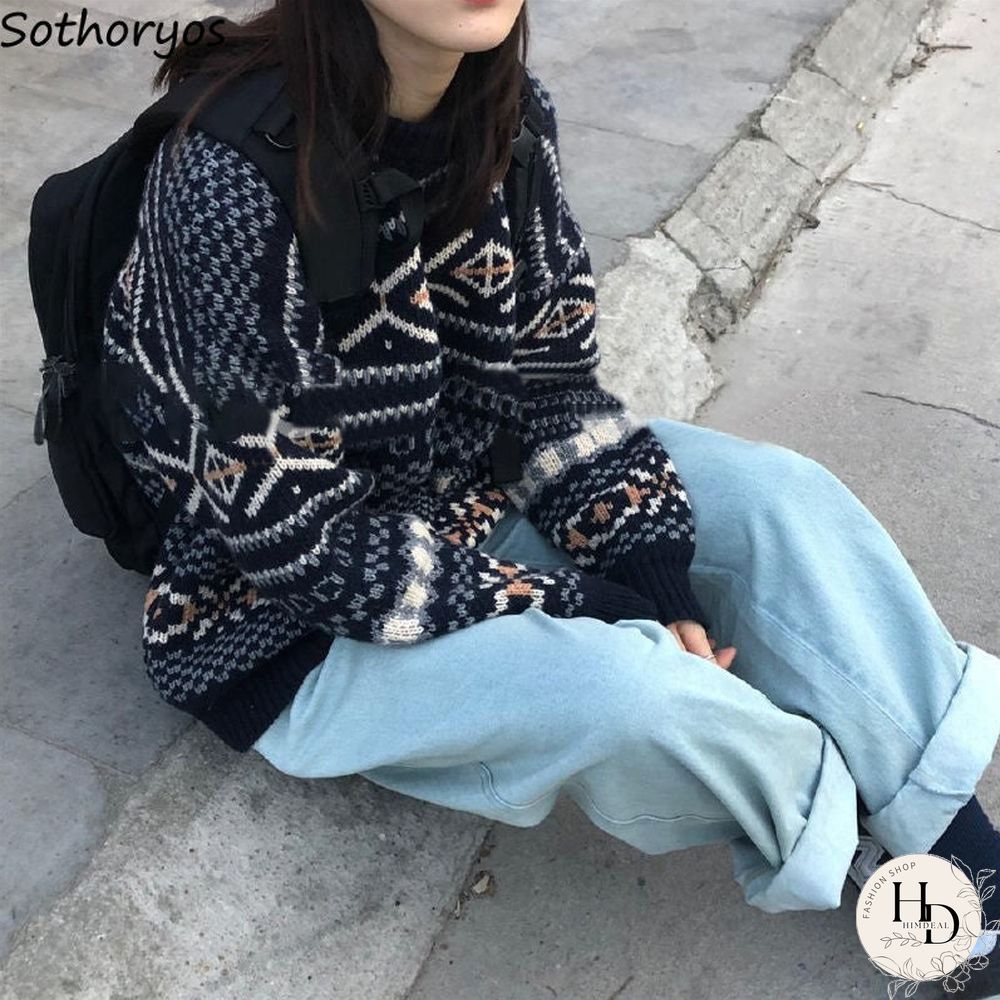 Sweaters Women Jacquard Knitted Casual Lady Pullover Sweater Female Autumn-Winter Retro Jumper Loose All-Match Harajuku Korean