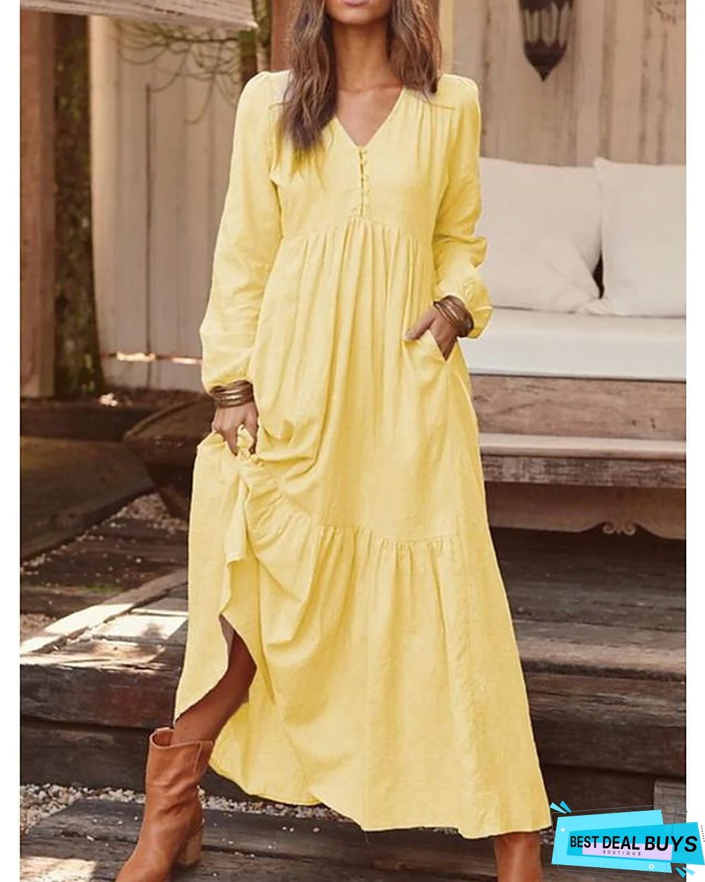 Women's Shift Dress Maxi Long Dress Long Sleeve Solid Color Hot Yellow Royal Blue Light Gray Brown Light Blue