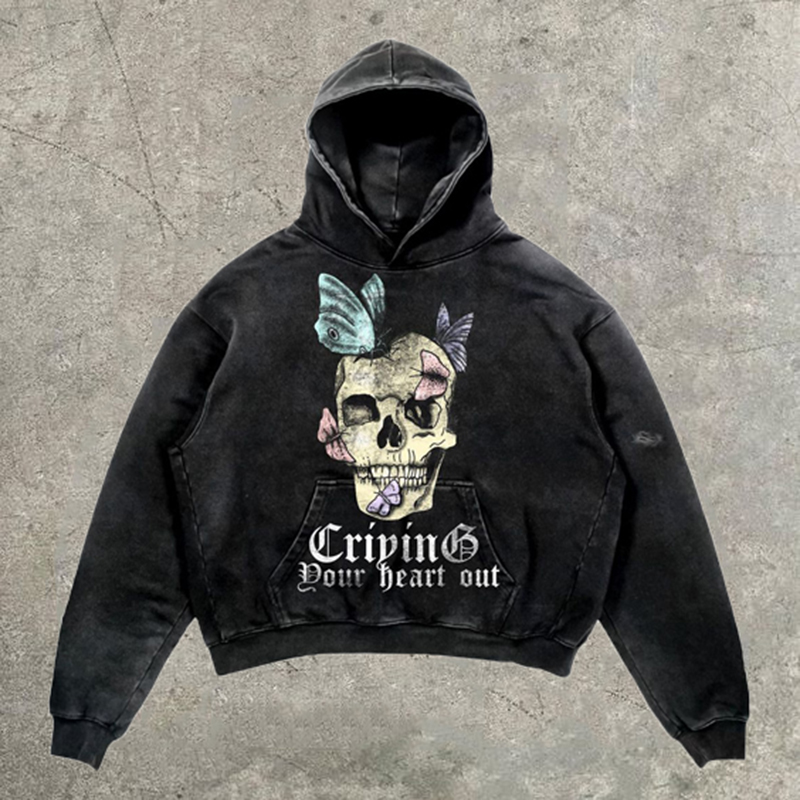 Relaxed Vintage Crimping Your Heart Out Print Graphic Casual Street Washed Hoodie