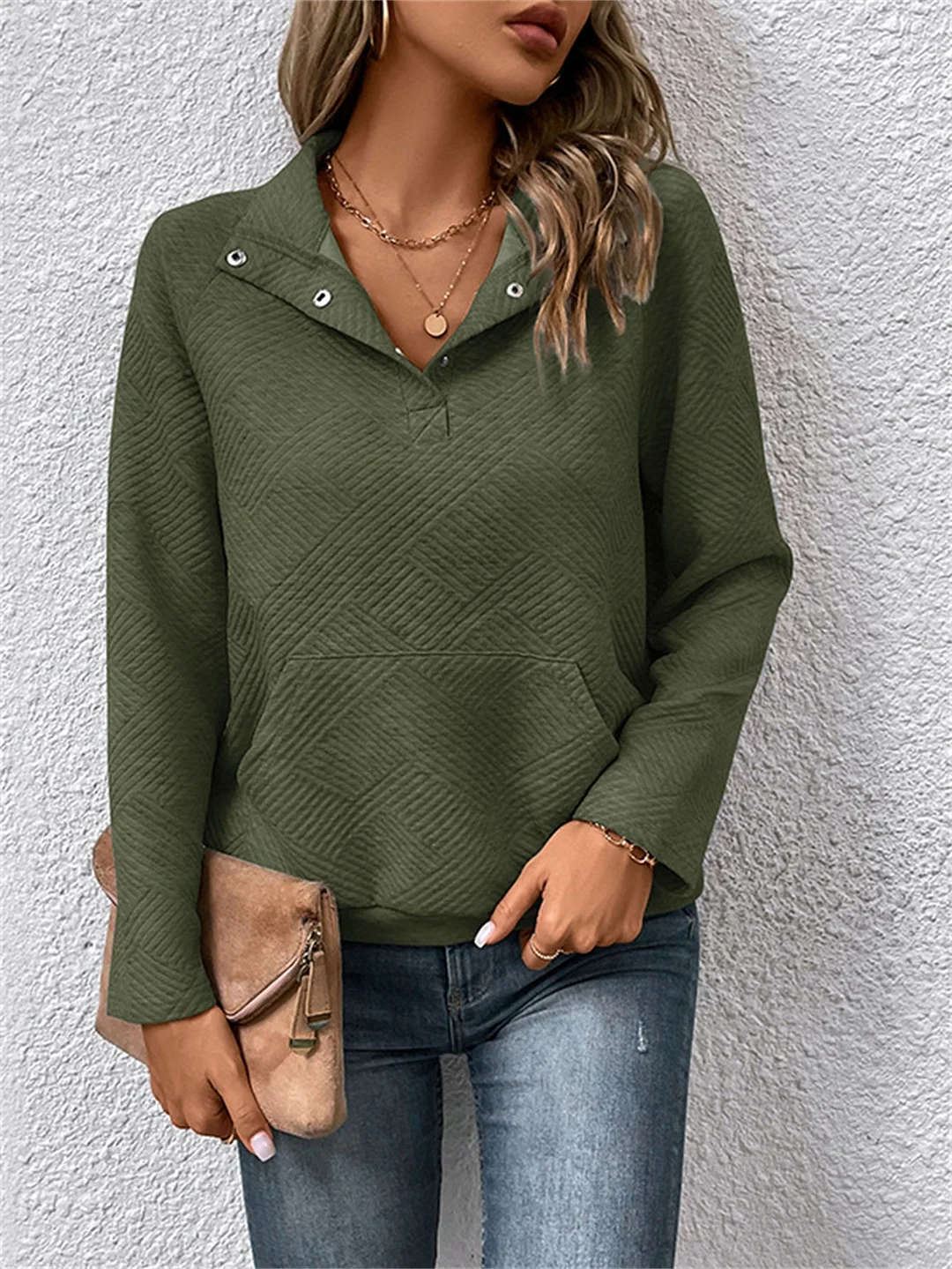 Women Long Sleeve V-neck Solid Color Pocket Tops