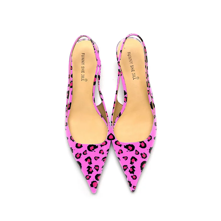 Pink Leopard Print Patent Leather Kitten Heel Slingback Dress Shoes |FSJ Shoes