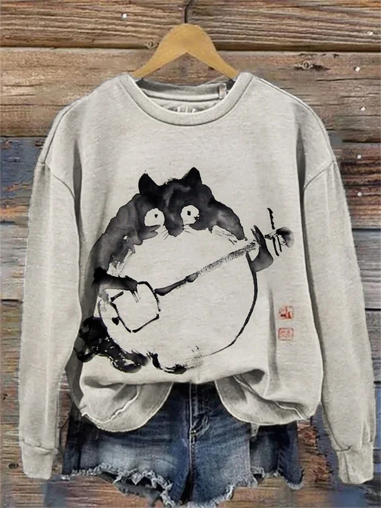 Cat Musician Asian Brush Art Vintage Sweatshirt