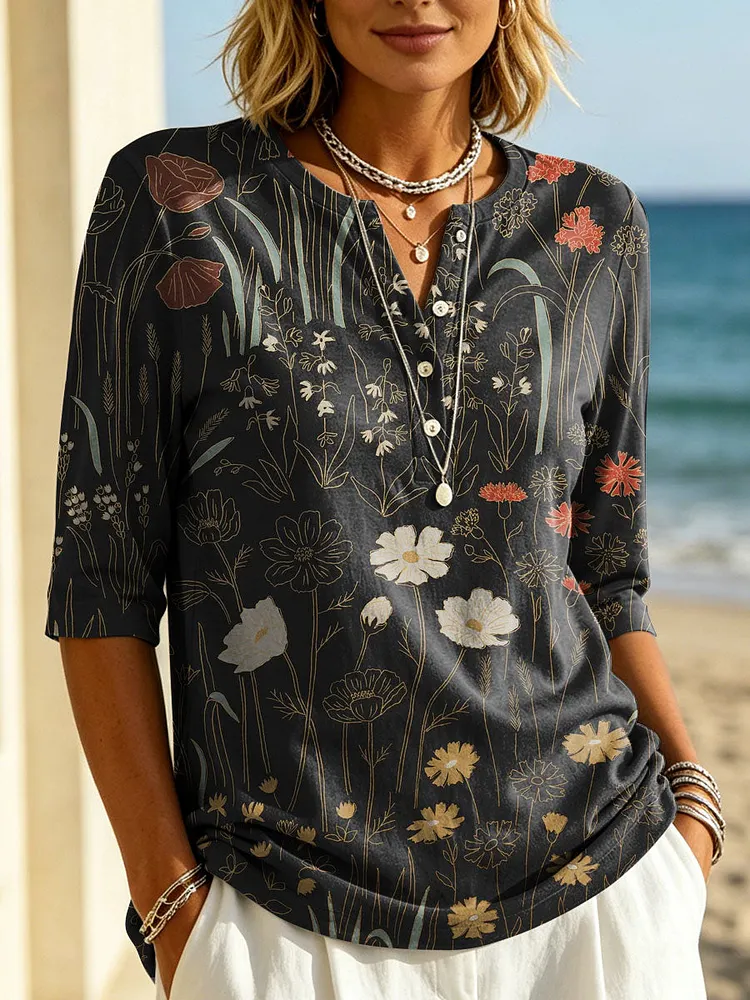 Women's Floral Pattern Art Print Casual Classic Henley Collar 100% Cotton T-shirt