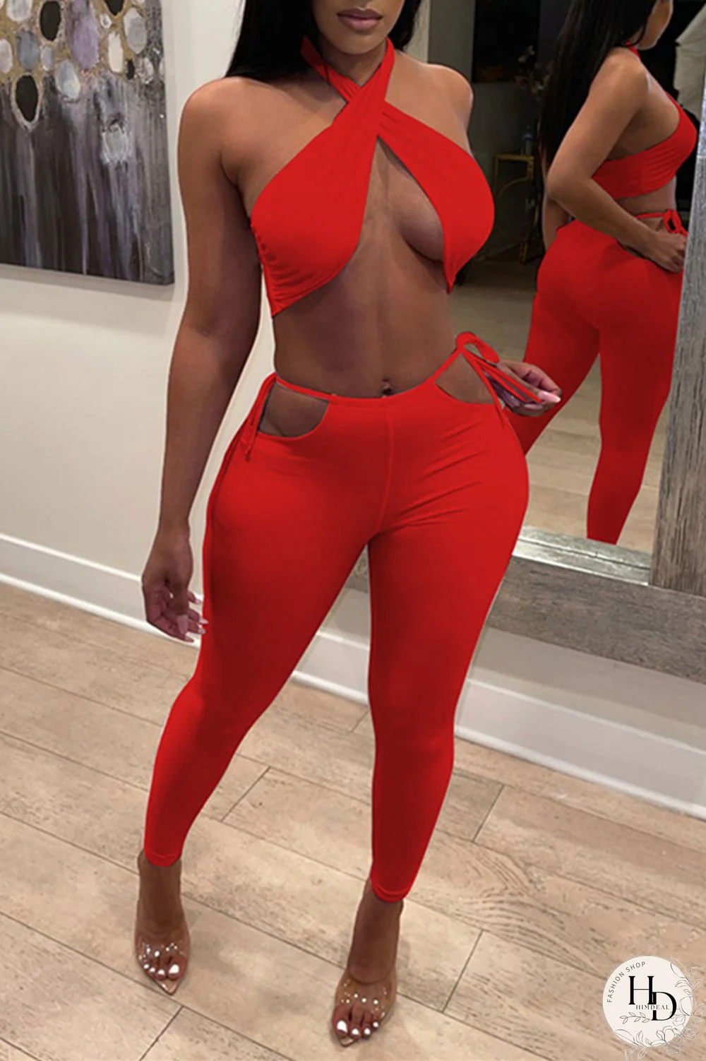 Red Fashion Sexy Solid Backless Halter Sleeveless Two Pieces