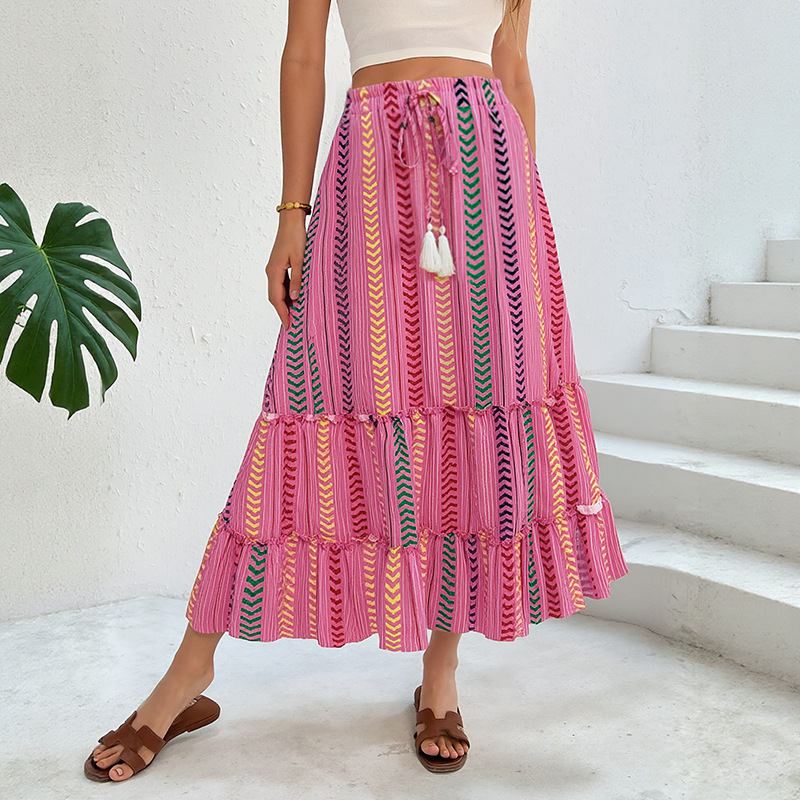 Women's Summer Boho Maxi Skirt, Tiered Design with Colorful Printed & Elastic Waist