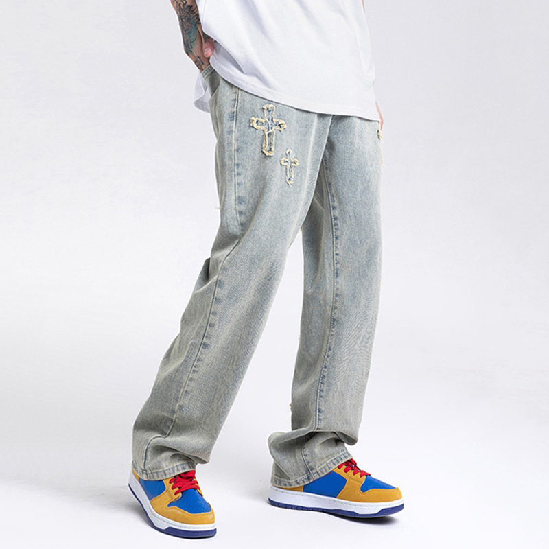 Sopula Unisex Men's Hip Hop Retro Ins Cross Embroidered Washed Jeans - SOPULA