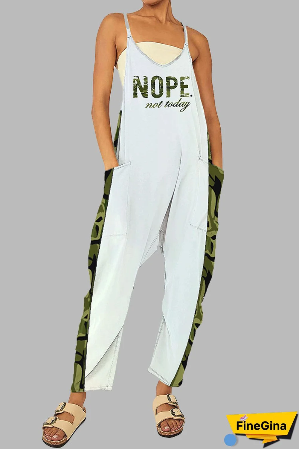 Black khaki Casual Gradual Change Print Patchwork Pocket Zipper Spaghetti Strap Loose Jumpsuits