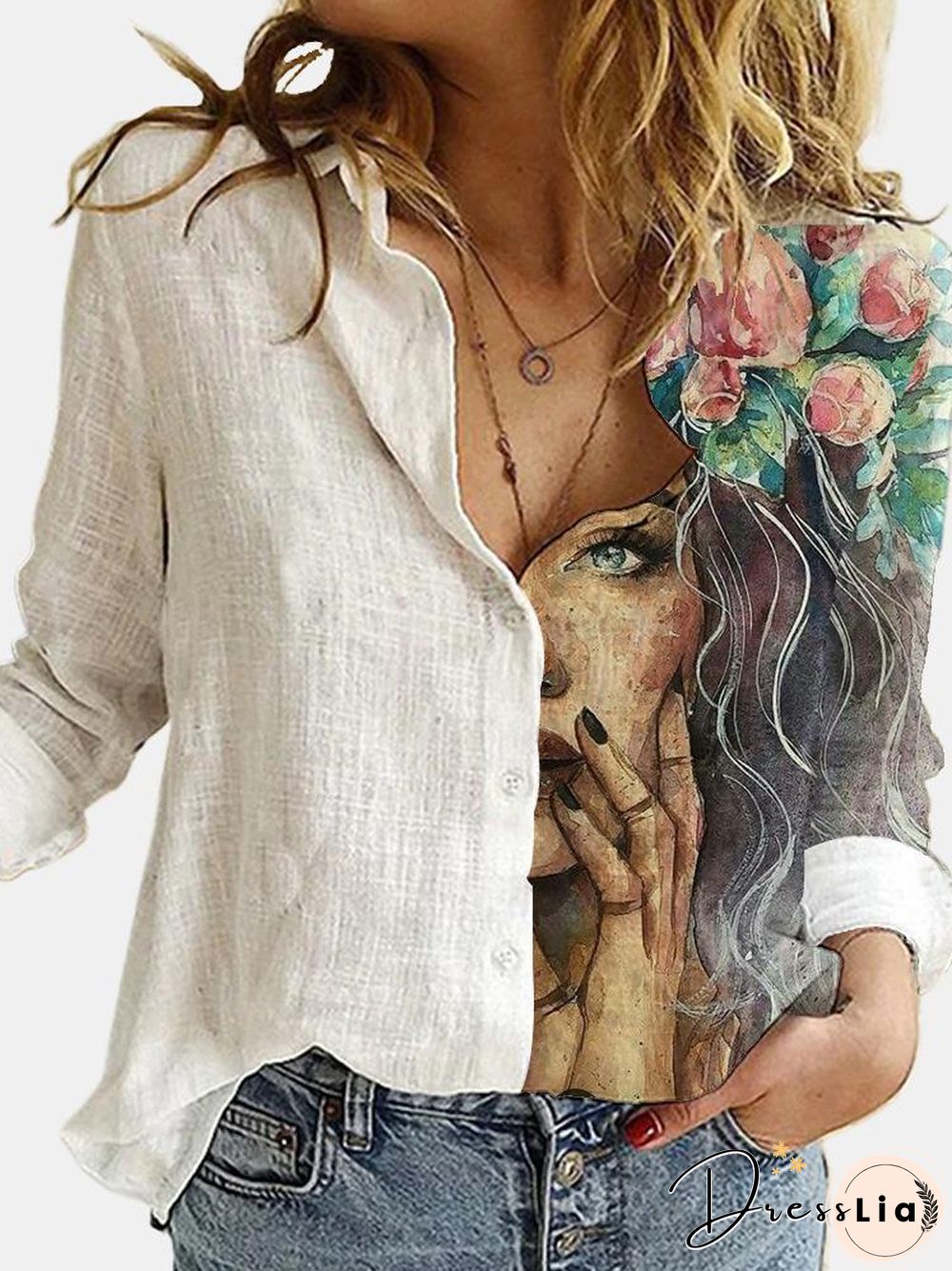 Retro Long-Sleeved Women Joint Shirt