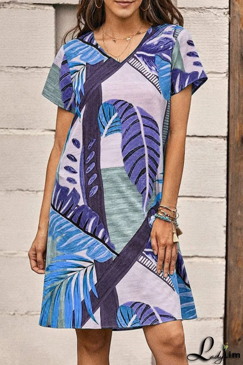 Fashion Casual Print Split Joint V Neck A Line Dresses