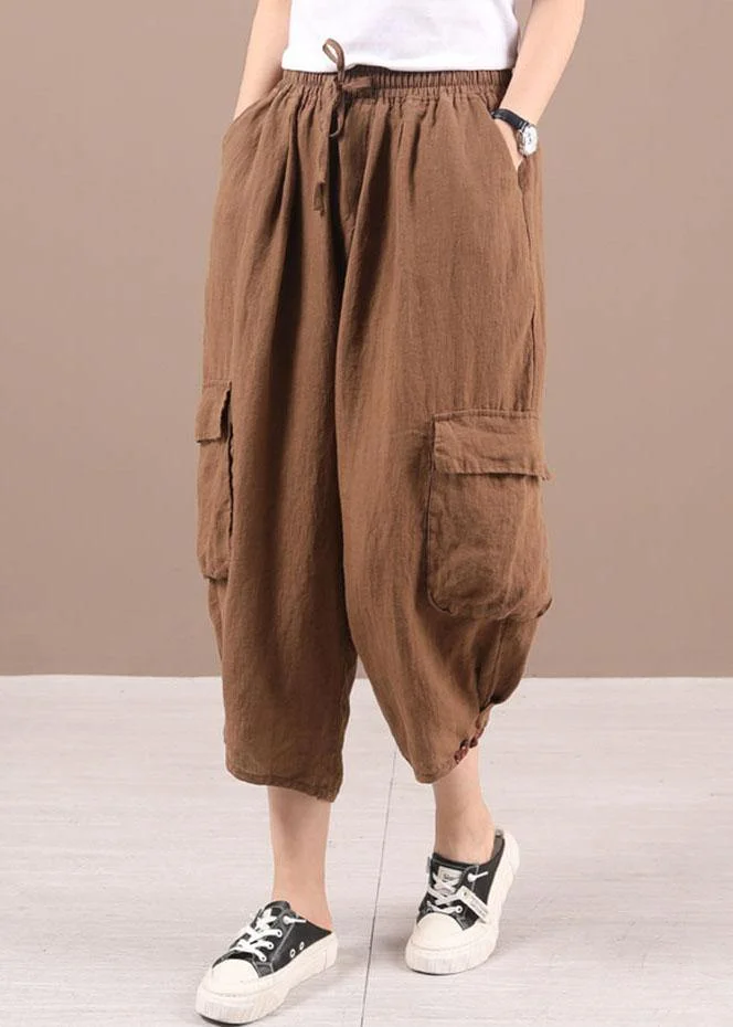 Classy Khaki retro Pockets Summer Linen Pants