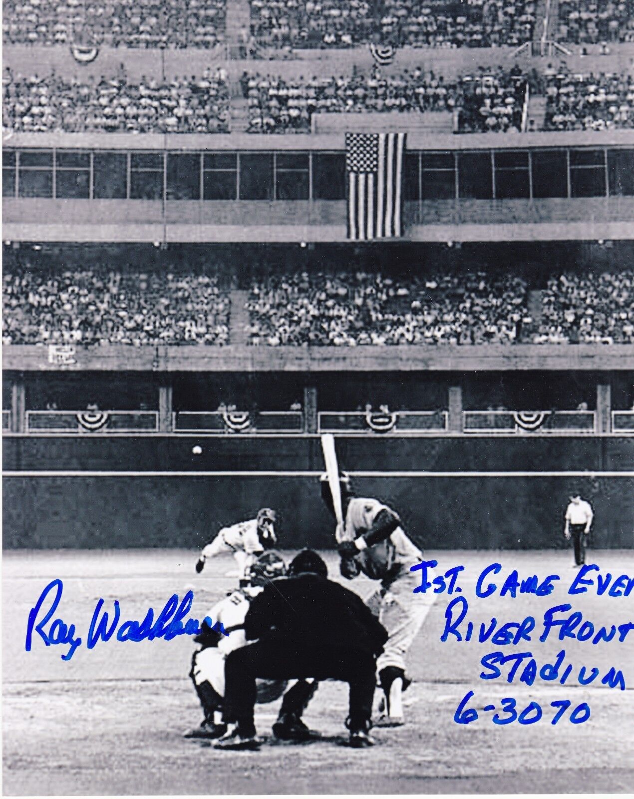 RAY WASHBURN CINCINNATI REDS 1ST GAME EVER RIVERFRONT 6-30-70 SIGNED 8x10