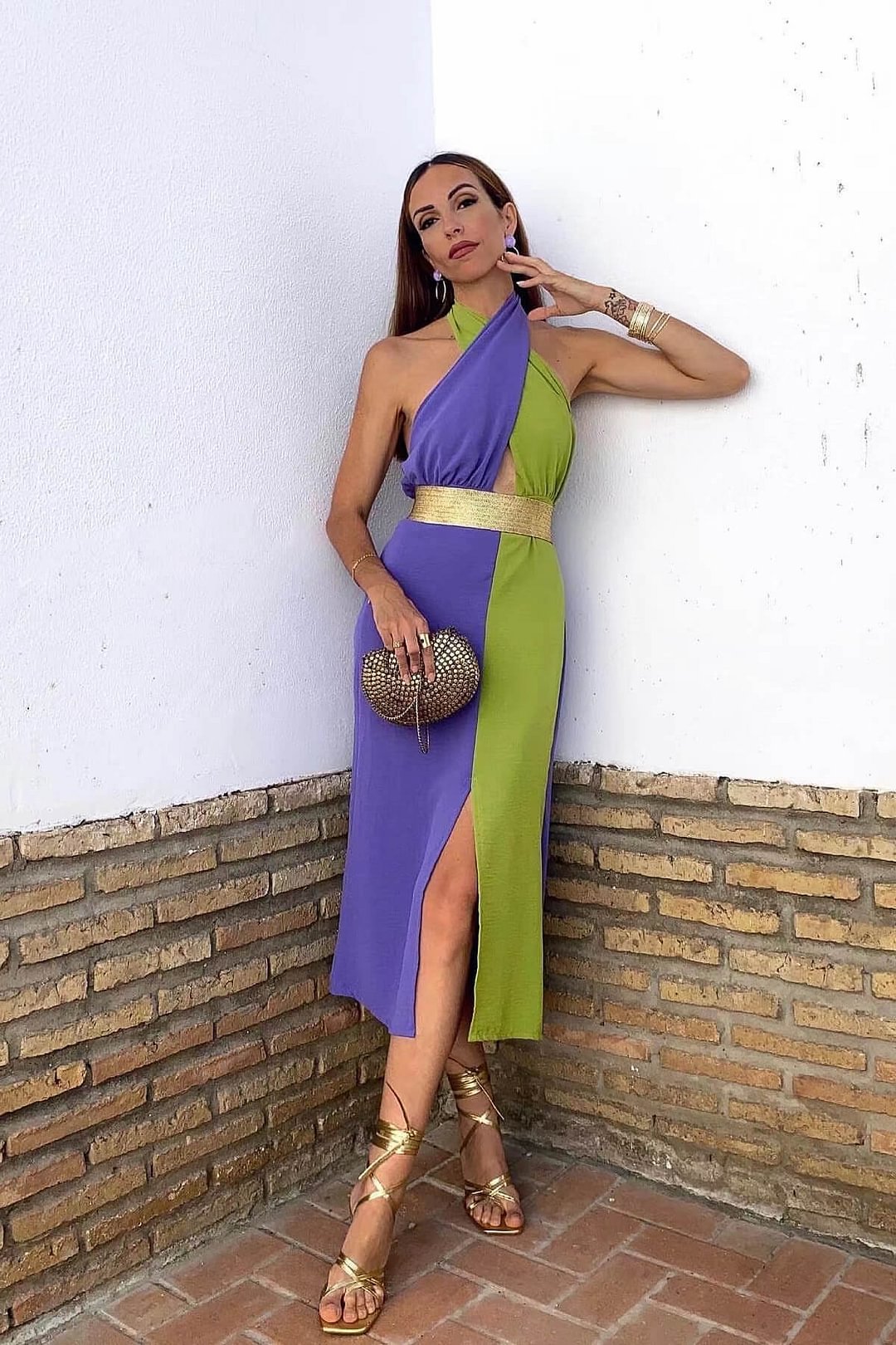 Hoher Kragen Kontrastierende Farben A-Linie Ballkleid geteiltes Kleid mit Gürtel ED0137 Lunass