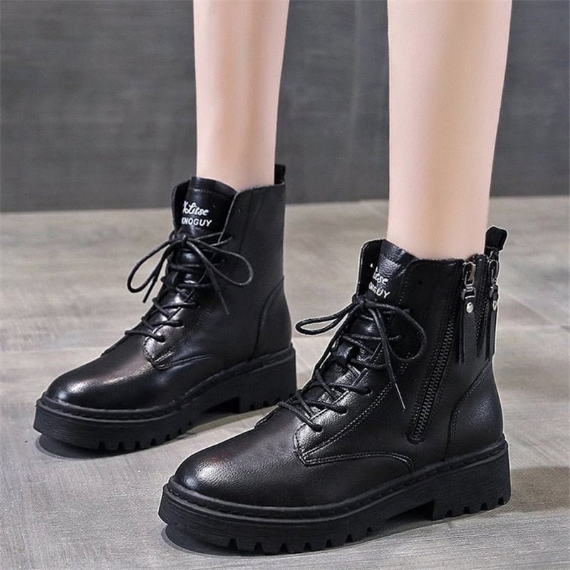 2020 Women High quality leather Fashion Women Non-slip wear-resistant Lace up side zipper Boots  Autumn Winter Women Ankle boots