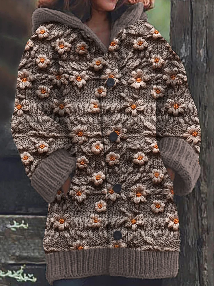 Vintage Floral Knit Pattern Cozy Hooded Cardigan