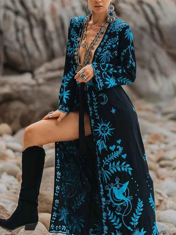 Floral Printed Long Sleeves Loose V-Neck Maxi Dresses