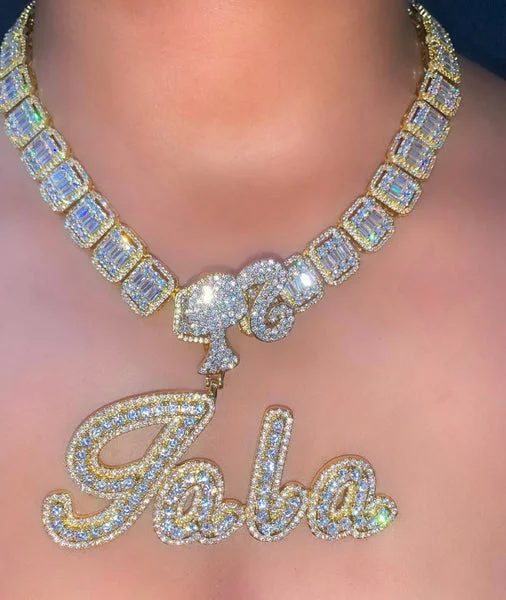 Custom Name Brush Cursive Letter Pendant with Baguettes Chain Necklace Jewelry-VESSFUL