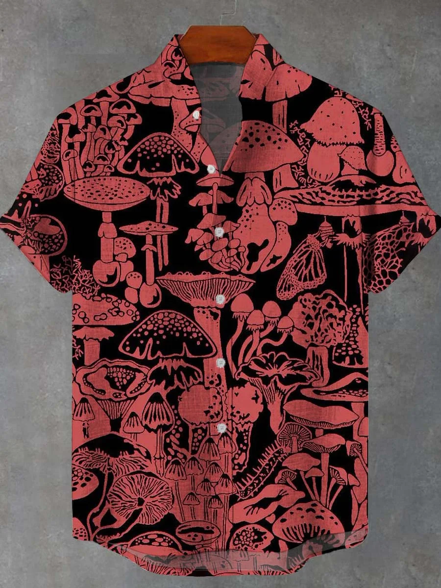 Men's Retro Mushroom Print Casual Short Sleeve Shirt