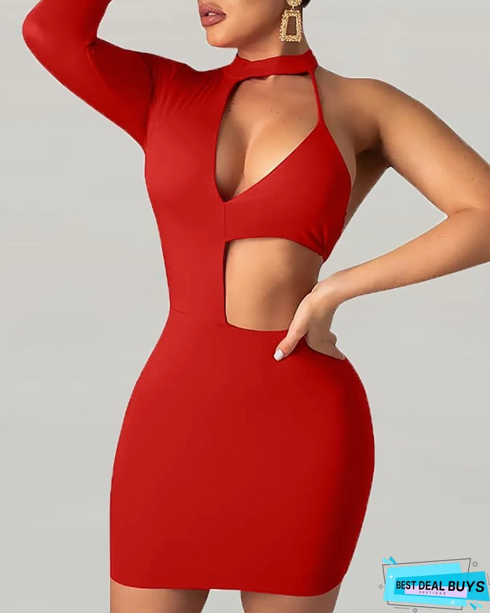 Solid One Shoulder Cut Out Bodycon Dress Black Dresses