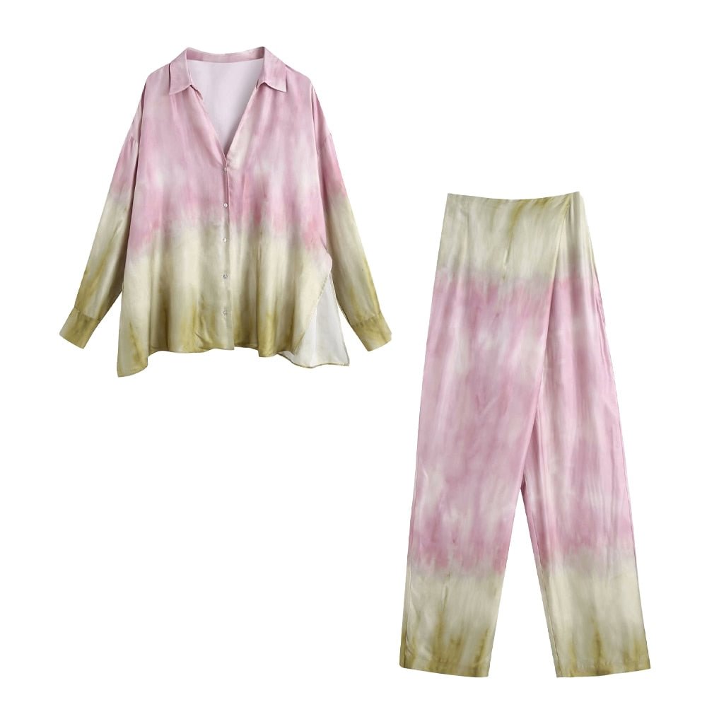 2021 New Women Two Piece Set Multiway Tie dye Shirt & Wrap Trousers Chic Lady Fashion Casual Cozy Woman Outfits Pants Sets