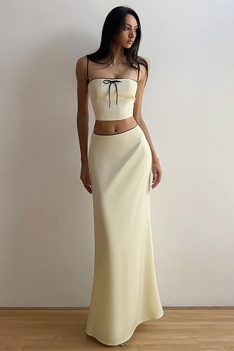 Bow Decor Crop Cami Slim Fit Fishtail Hem Maxi Skirt Matching Set-Beige
