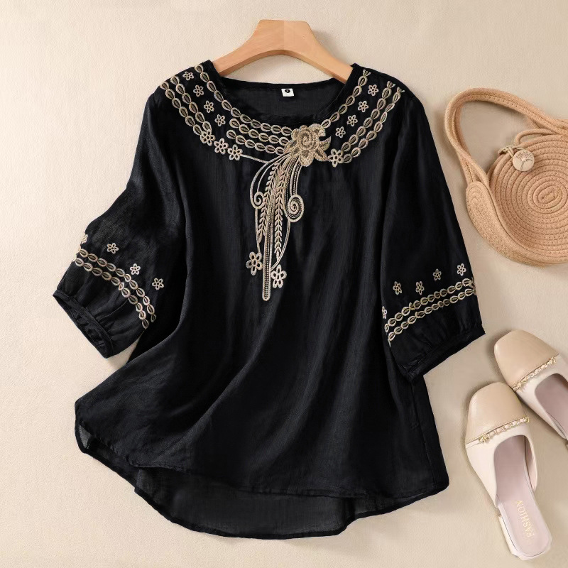 Women's Casual Floral Embroidered Linen Blend Blouse elevenforest
