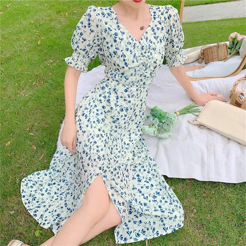 BP Midi Dress Women A-line Vintage Short Puff Sleeve Summer Woman Dot Print Split Long Chiffon Dress Square Collar Boho Vestidos