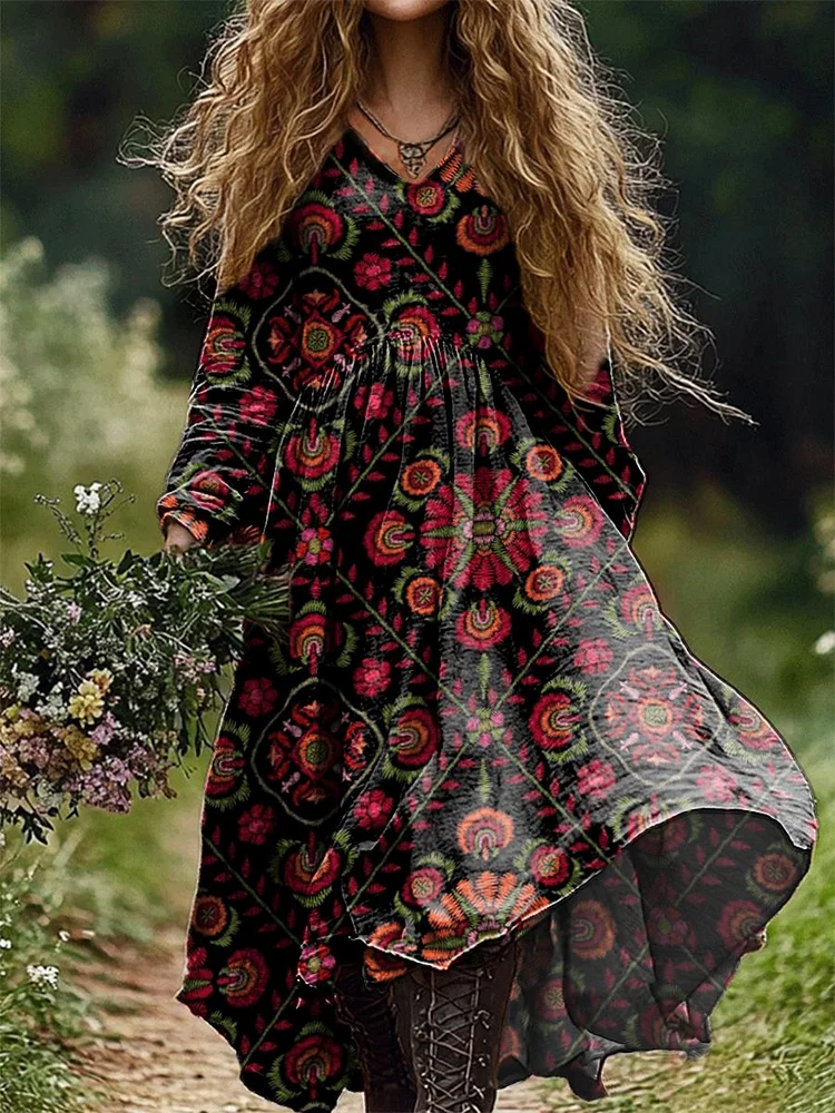 Women's Vintage Floral Art Print Pocket Cotton Dress