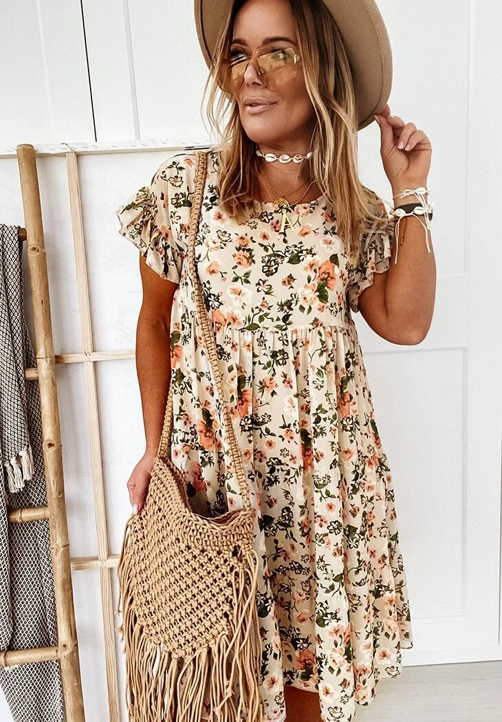 Women Summer Casual Short Mini Sleeve Dress Boho Beach Dress Floral Printed Pattern O Collar Loose Holiday Style Ladies Dress