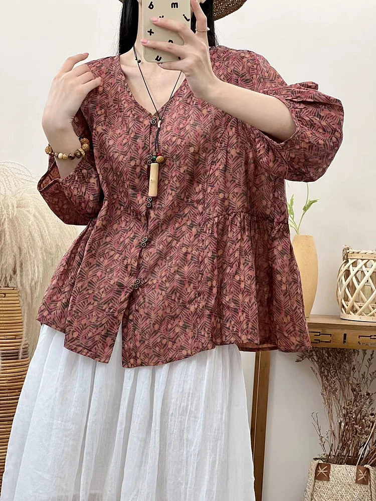 Women Summer Vintage V-neck Button Ramie Shirt