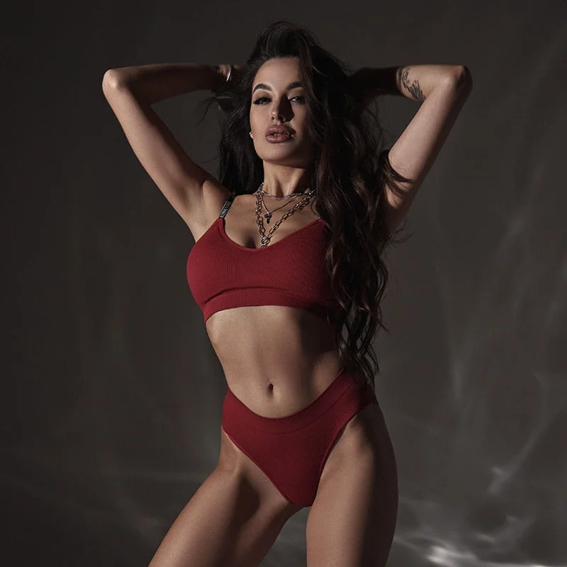 FINETOO M-2XL Padded Bra Set Women Seamless Underwear Set Deep V Tops Briefs Sexy Letter Strap Crop Top Female Lingerie Suit New