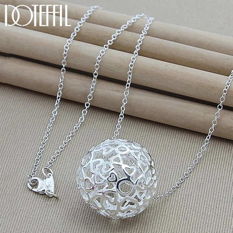 DOTEFFIL 925 Sterling Silver 18 Inch Chain Hollow Ball Love Heart Pendant Necklace For Woman Jewelry