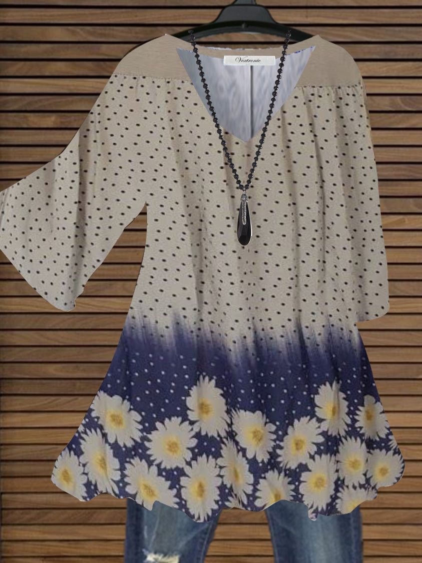 Women's V-Neck Long Sleeve Striped Polka Dot Tops