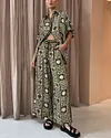 Linen Blend Vintage Print Blouse and Pants Two-Piece Set