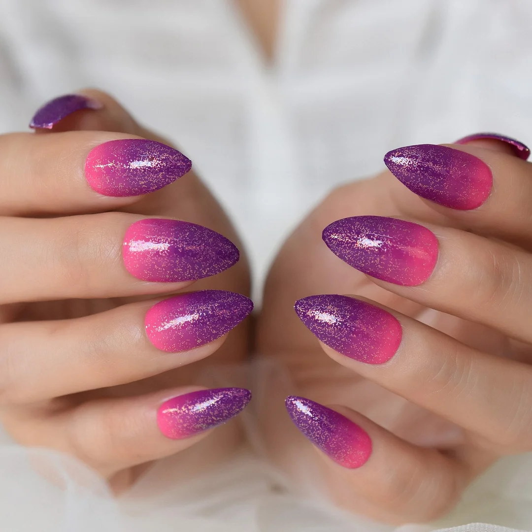 Purple Rose Ombre Stiletto Fake Nails Shimmer Glitter Deco Medium Size Press On Nails Perfect Style Almond Designed Tips