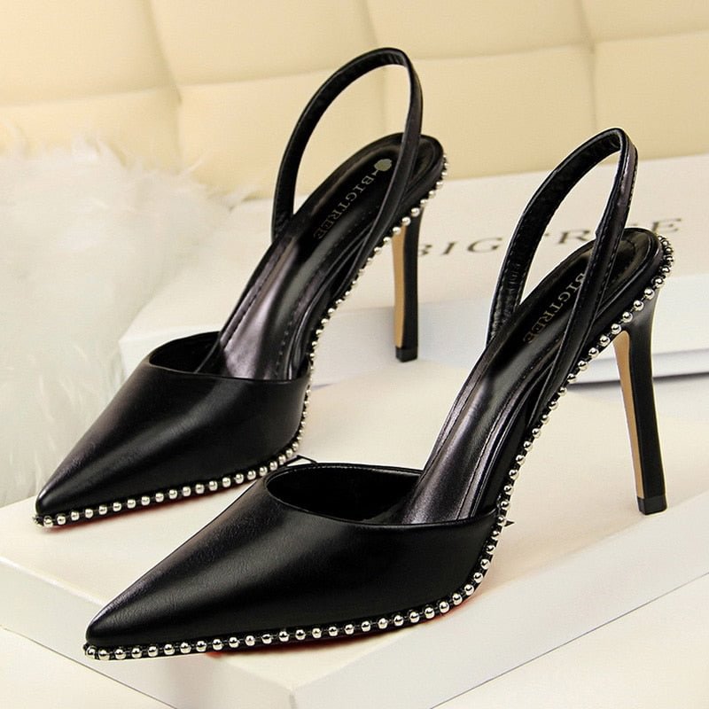 BIGTREE Shoes Rivet High Heels Woman Pumps Pu Leather Women Heels 9cm Sexy Party Shoes Black Red Apricot Wedding Shoes Female