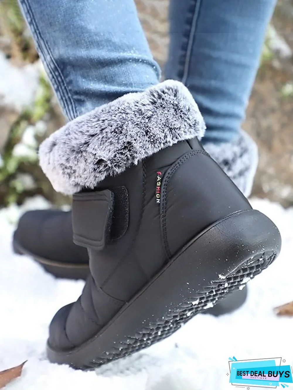 Faux Fur Cuff Snow Boots with Hook and Loop