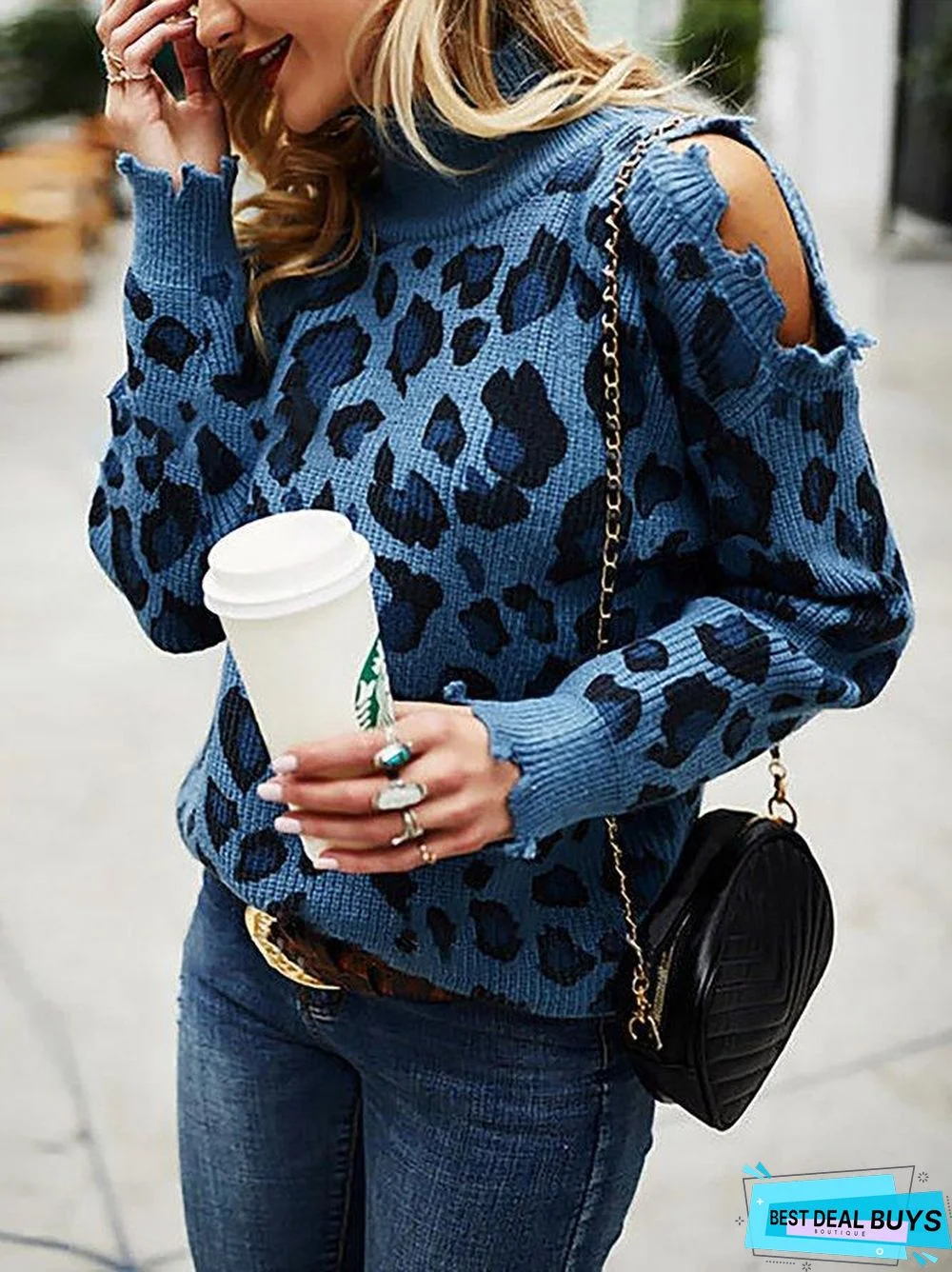 Sexy Leopard Long Sleeves High Neck Cut Out Sweater