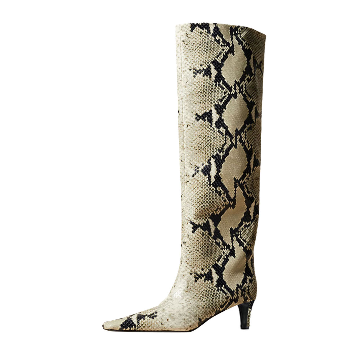 Beige & Black Python Printed Square Toe Kitten Heel Knee High Boots Nicepairs