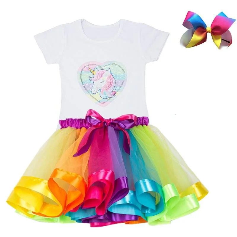 3 4 5 6 7 8Y Unicorn Clothing Sets for Girls Outfits 2pcs New Summer T-shirt+Print Bow Skirt for Kids Clothing Sets Baby Clothes