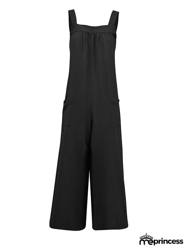 Casual Loose Sleeveless Solid Color Square-Neck Overalls