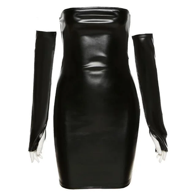 Toloer Faux Leather Tube Dress With Gloves-Outfit Ideas